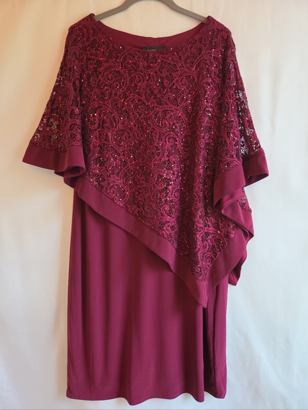 R&M Richards Size 14 Burgundy Sequin Lace Cape Overlay Sheath Dress